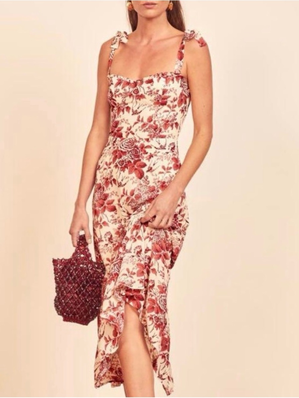 Reformation Stunning Red Floral Tie-Shoulder Midi Dress in Cream and deep red